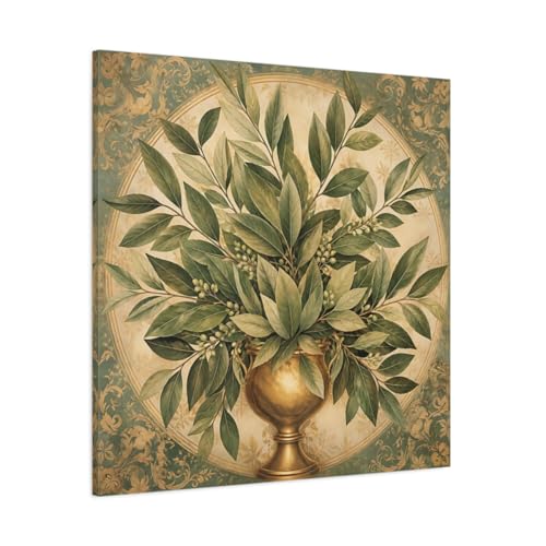 Canvas Print Floral Bay Leaves vert et or 90x90 cm pour salon vintage