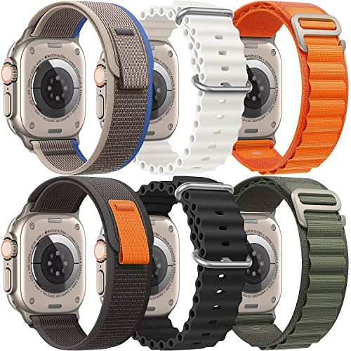 UHKZ 6Pack Bands Compatible with Apple Watch Band 42mm 44mm 45mm 49mm for Women Men,Trail Loop+Alpine Loop+Ocean Band for iWatch Series Ultra/8/7/6/5/4/3/2/1/SE
