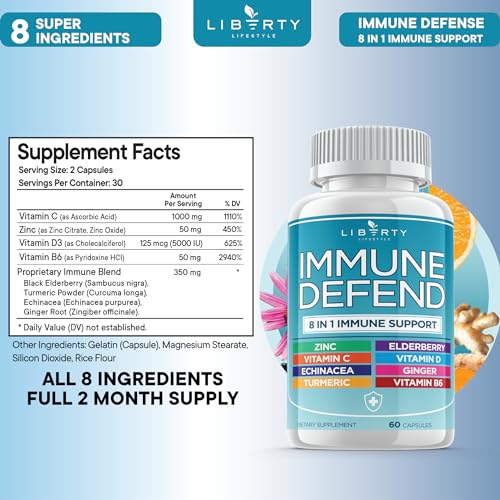8 in 1 Immune Defense Support, Immunity Vitamins Supplement Booster with Zinc 50mg, Vitamin C Elderberry Vit D3 5000 IU, Turmeric Curcumin & Ginger, Echinacea - Allergy Relief for Kids Adults (2 Pack) - Image 3
