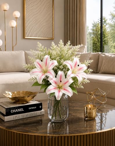 Image of Divyakosh Artificial Flowers Bunch (Vase Not Included). Artificial Flower for Vase Flower Bouquet Gift Pink Lily Arrangement for Living Room Dining Table Office Decor
