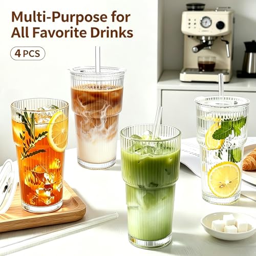 Colnic 4PCS 20oz Glass Cups with Lids and Straws, Iced Coffee Cups with Lids, Stylish Ribbed Thick Drinking Glasses Tumbler for Juice, Smoothies, Cold Beverages, Cute Cup Gifts with Clean Brush - image 2