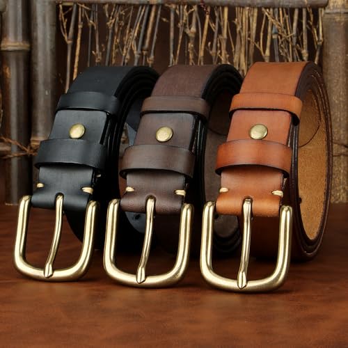 Belt for Men Copper Buckle Belt 3.4cm Wide Retro Cowhide Belt, Simple Men's and Women's Casual Jeans Formal Belt3