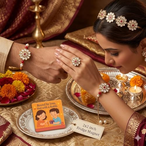 Image of SAUDEEP INDIA Decorative Fridge Magnet for Refrigerator Decor | Free Couple Lumba Rakhi Set for Bhaiya Bhabhi with Hair Band & Ring | Raksha Bandhan Gift Combo Festive Home Decor