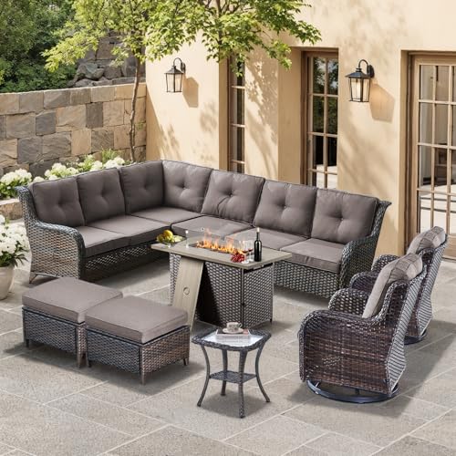HUMMUH 8 Pieces Outdoor Patio Furniture Set with Fire Pit,L-Shaped