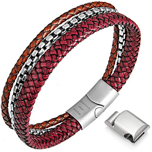 murtoo Braceletu00a0Homme Braceletu00a0enu00a0Cuiru00a0pouru00a0Homme Bracelet en Acier Inoxydable(Rouge,Argent,19,5cm)