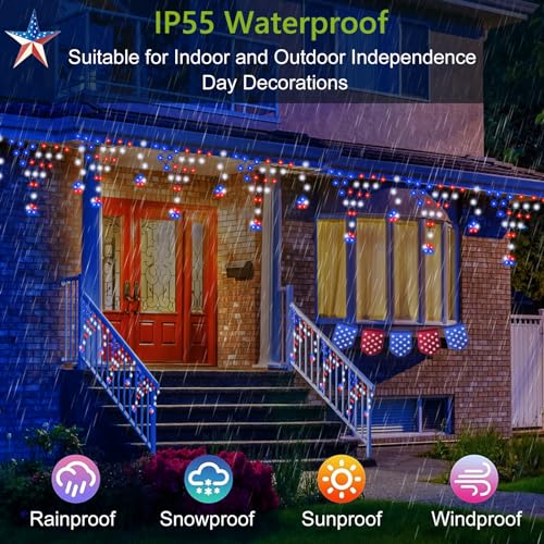 Puhong JT-EL/FC300V0200-C New) 4Th Of July Decorations, 218 Led Red White And Blue String Lights With Remote, 13.8Ft Expandable 8 Modes Outdoor Waterproof Icicle Lights For Memorial Day, Election Day, Patriotic Decoration thumb #3
