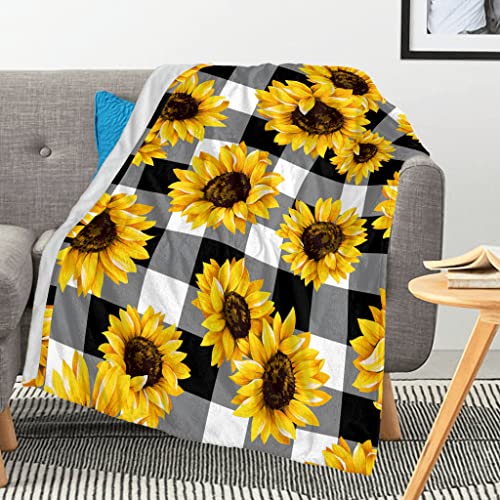 Sonernt Sunflower Blanket Farmhouse Flower Black White Buffalo Plaid Throw Blanket Ultra Soft Blanket Lightweight Bed Blanket For Couch Sofa Travelling Camping For Adults Men Women Kids 50X60 Inch #TOP1