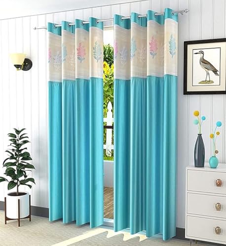 Image of Polyester Floral Patch Printed 8 feet Room Darkening Polyester Curtains (Set of 2 Pcs)(Aqua 8 Feet)