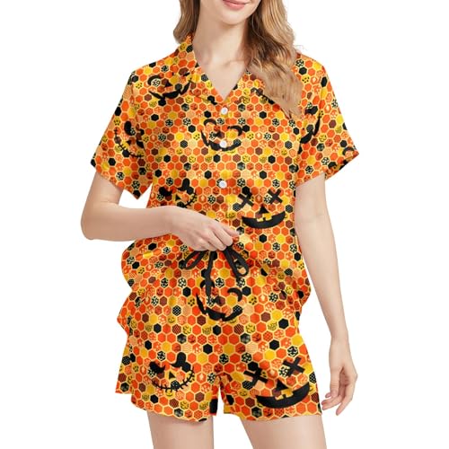 Image of Funny Pajamas for Women Set Print Satin Loungewear Pjs Short Sleeve Button Down Top and Shorts Sets Sleepwear XS-3XL