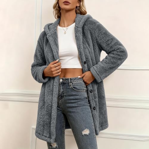 Aymnlox Women's Fuzzy Fleece Winter Jacket Faux Fur Hooded Button Down Coat - image 9