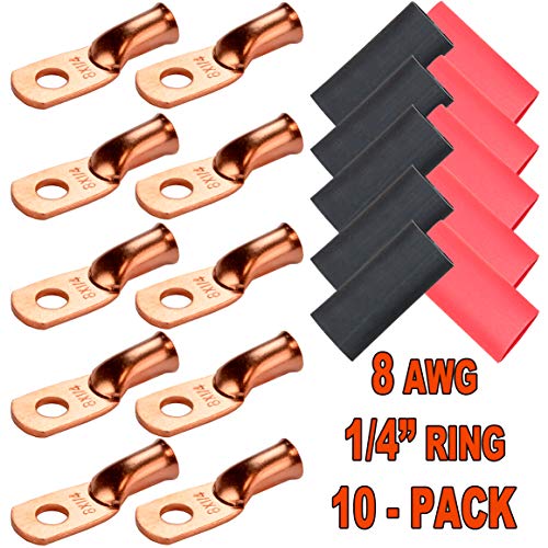 RockDIG Heavy Duty Copper Wire Lugs, Battery Cable Ends, Bare Copper Eyelets Tubular Ring Terminal Connectors with Heat Shrink(Black, Red) (10 Pack, 8 AWG - 1/4