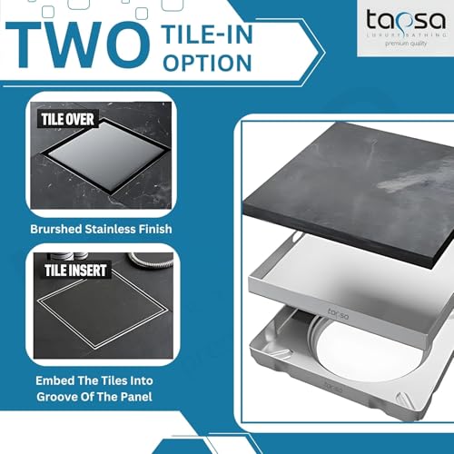 Image of Tapsa Tile Insert Floor Drain | 304 Stainless Steel | Invisible Shower Drain Channel | Shower Drain Channel | Water Drain Channel | with Cockroach Trap. (6X6, SS Matte Tile Insert Floor Drain 20 mm)