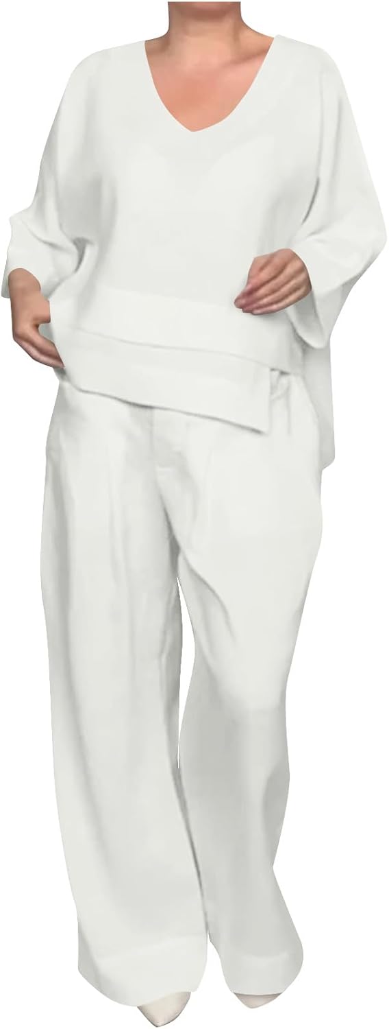 HGps8w 2 Piece Outfits for Women Summer Plus Size Cotton Linen Sets - Long Sleeve V Neck Tops and Wide Leg Pants with Pockets