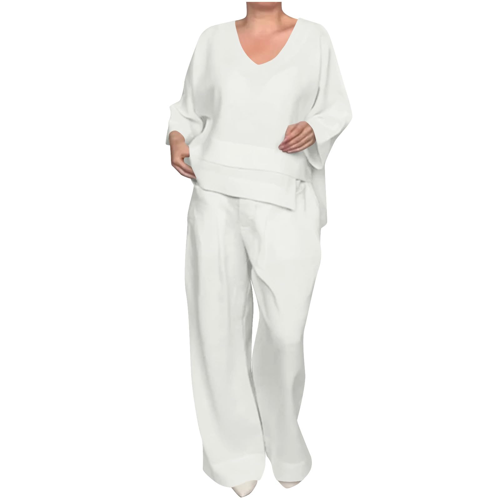 Cotton Linen Sets for Women Two Piece Lounge V Neck Long Sleeve Oversized T Shirts and Wide Leg