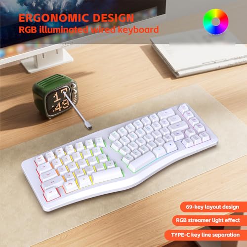 Clavier divisé silencieux ergonomique et filaire avec rétroéclairage RVB blanc