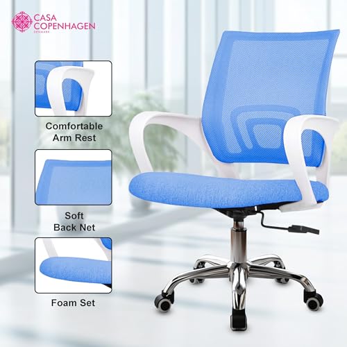 Image of Casa Copenhagen Mesh Mid Back Office /Study /Computer /Revolving /Desk Chair for Work from Home -Metal Base, Height Adjustable Seat - Blue & White Handle
