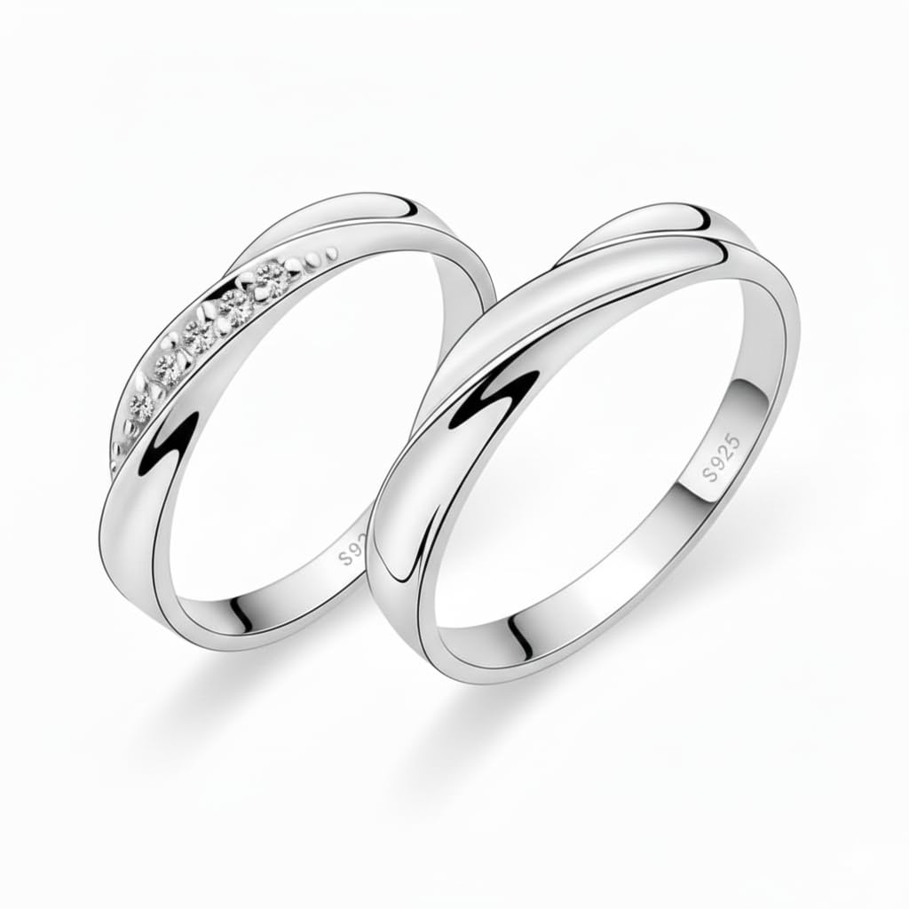 Ring Set for Couples, Silver Tone King and Queen Matching Rings with Crystal Accents, His and Hers Wedding Band Set-image-7