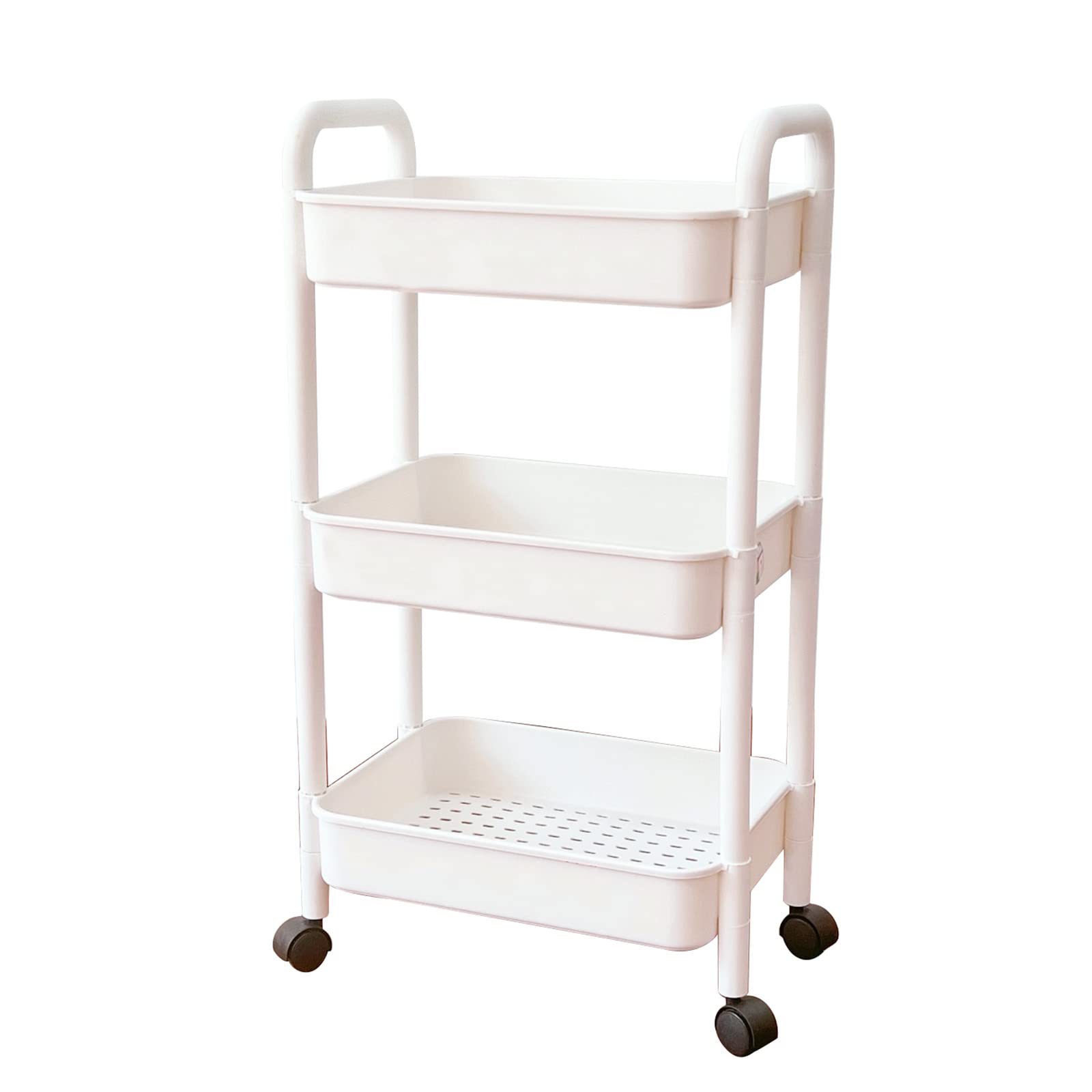 ANTOLE Plastic Rolling Utility Cart with Handle,Multi-Functional Storage Trolley for Office,Living Room,Kitchen,Movable Storage Organizer with Wheels,White (3-Tier)