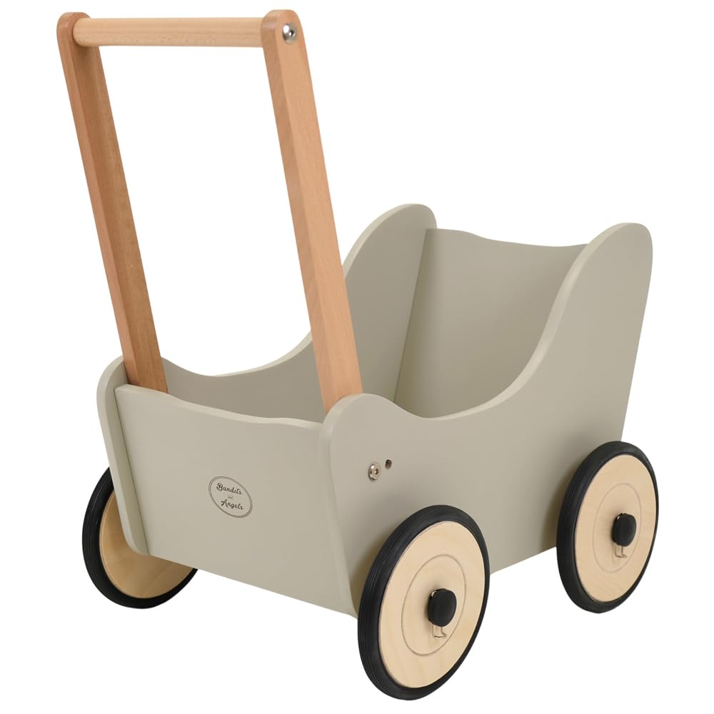 Bandits & Angels Puppenwagen Little Angel ab 1 Jahr - Puppenwagen aus Holz - Für Mädchen - Für Puppen bis 42 cm - Gummiräder (Olive Green)