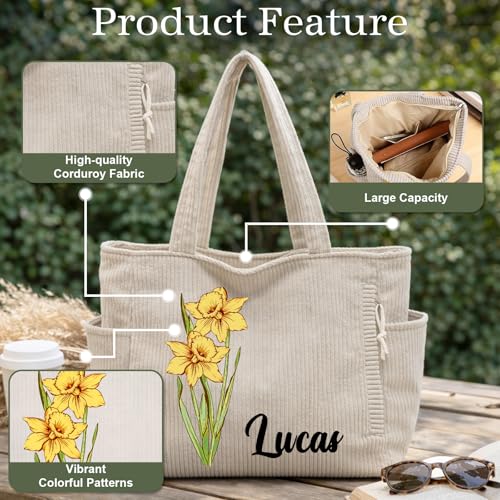 Bolso Tote de pana personalizado con flor de nacimiento para mujer miniatura 5