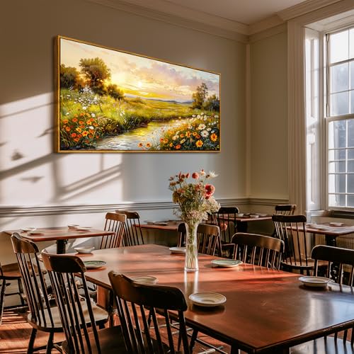 crmotu Framed Wall Art, Canvas Wall Art Landscape, Sunset Wall Decor, Daisy Flower Oversized Art Prints, Rustic Pastoral Pictures Wall Decor Living Room Bedroom Dining Room Cottage Farmhouse 30x60inch