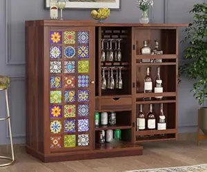 Krafting Kustoms Wood Bar Cabinet for Home | Bar Cabinet for Living Room | Bar Units, Wine Rack with Drawer | Corner Bar Cabinet | Home Bar Furniture, Wooden Bar Cabinet Honey Brown