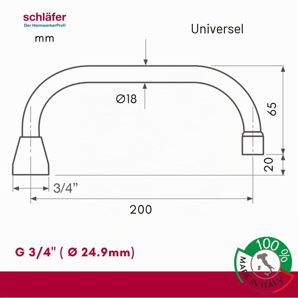 Schläfer 400113 - Bec de Robinet Mural Universel, Bec chromé en forme de U - Pour robinetterie murale - Longueur : 200 mm - Raccord d’étanchéité conique de 3/4 - Pour perçage de 18 mm de diamètre