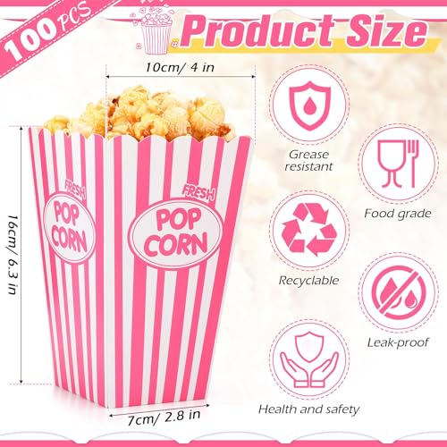Image of Xinnun 100 Pcs Popcorn Boxes 32 oz Classic Stripe Paper Popcorn Buckets Bulk Disposable Oil Proof Container Vintage Retro Open Top Holders for Movie Night Supply Theater Carnival Party(Pink)