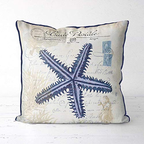 saletopk, Cuscino a Forma di Stella Marina, Decorazione per Cuscini con Cartolina Marina, Stella Marina, Blu su Crema, Regalo Nautico