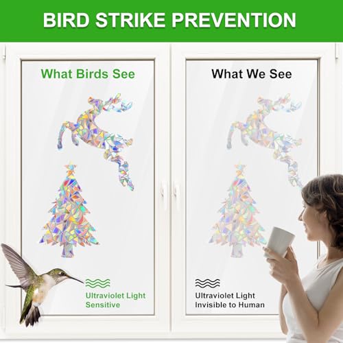 Image of DELLAN 78 PCS Christmas Rainbow Window Clings to Prevent Birds Strikes | Anti-Collision Window Decals, Bird Deflectors Stickers for Glass Windows