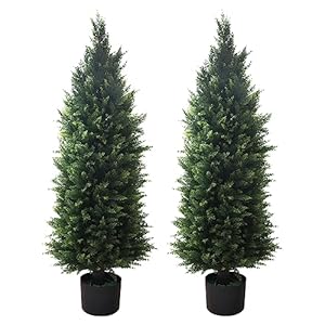 Artificial Topiary Tree 2-Set – Beautiful Realistic Faux Cedar Pines, 4 Feet Tall, UV Protection for Longer Life, 6″ Wide Heavy Duty Pots for Outdoor & Indoor Decor