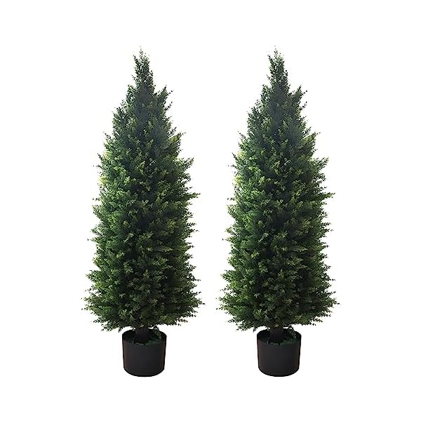 Artificial Topiary Tree 2-Set – Beautiful Realistic Faux Cedar Pines, 4 Feet Tall, UV Protection for Longer Life, 6″ Wide Heavy Duty Pots for Outdoor & Indoor Decor