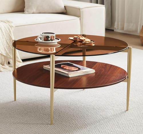 Saint-Mossi-Glass-Coffee-Table-for-Living-Room-Middle-Century-Modern-Style-Coffee-Brown-Glass-Top-Walnut-Brown-MDF-Wood-Top-with-Gold-Finish-Legs-Frame