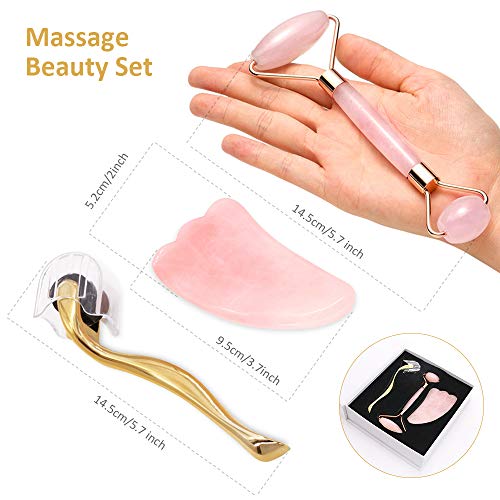 Yevior Skincare Tools for Face Massager Jade Face Roller,Derma Roller and Gua Sha Massager 3 in 1 Facial Tool Set Natural Rose Quartz for Anti Aging Eye Puffiness Wrinkles and Firming Eyes Neck Body