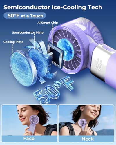 Image of ARCTlCOOL Portable Mini Fan with Ice Touch Tech, 7500 RPM Handheld Fan with Buckle, 4000mAh Battery, 100 Speeds Foldable Fan with Smart Digital Display for Makeup, Travel & Outdoor (Purple)
