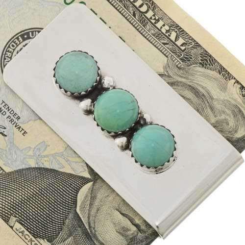 Navajo Turquoise Silver Money Clip Three Gemstone Accessory on Silver Clamp 00402