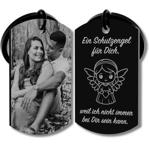 Personalisierter Schutzengel Schlüsselanhänger mit Foto & Gravur – Edelstahl Glücksbringer Auto Anhänger – Geschenk für Partner, Familie & Freunde