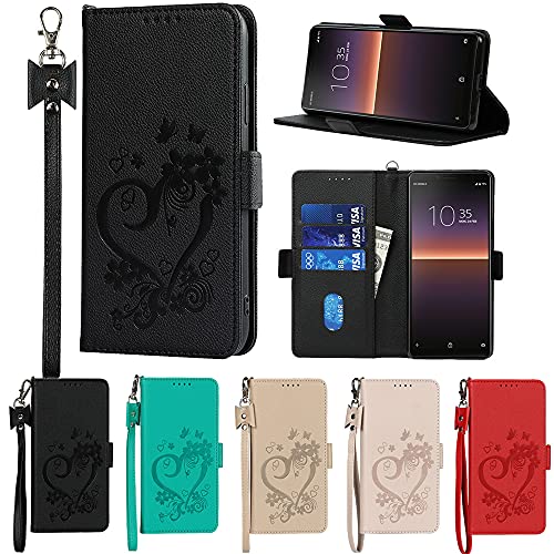 Eastwave ソニー Sony エクスペリア 10II SO-41A ケース 手帳型 xperia 10ii sony 財布型 ケース カバー ストラップ付き 明るい色 愛の絵 PUレザー カード収納 横置きスタンド 機能 内蔵マグネット —ブラック