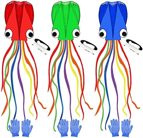 BAITEKITES Large Kites for Kids & Adults Easy to Fly,3 Pack Octopus Kites with Long Colorful Tail，Beach Kites for Adults Single Line Kite with Flying Tools and Professional Safety Gloves