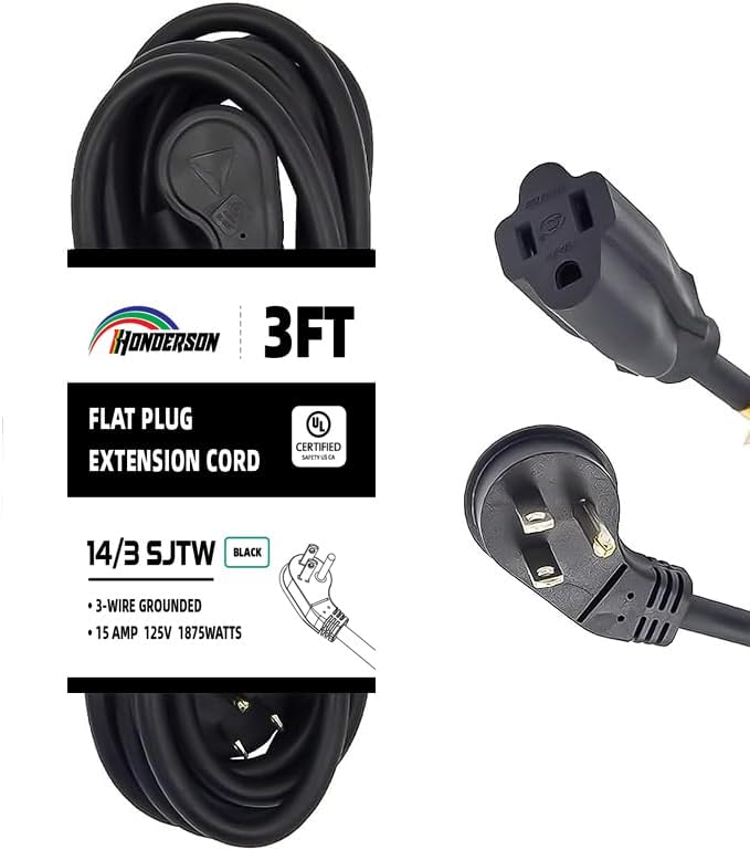 Flat Plug Indoor Extension Cord, UL Listed, 14 Gauge 3FT Black 3 Prong Heavy Duty, 14/3 SJTW 15A Power Cord for Lights, Appliances, Home