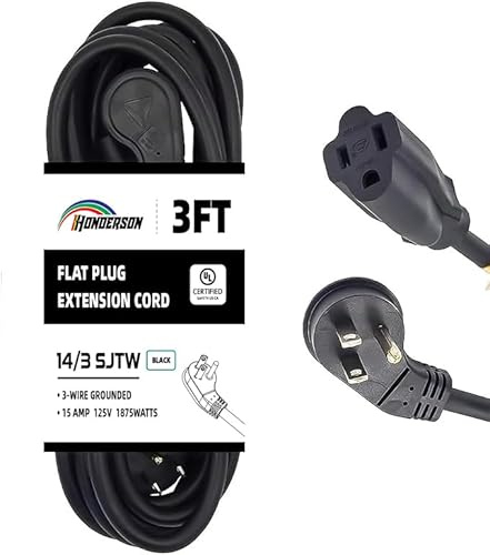 Image of HONDERSON Flat Plug Indoor Extension Cord, UL Listed, 14 Gauge 3FT Black 3 Prong Heavy Duty, 14/3 SJTW 15A Power Cord for Lights, Appliances, Home