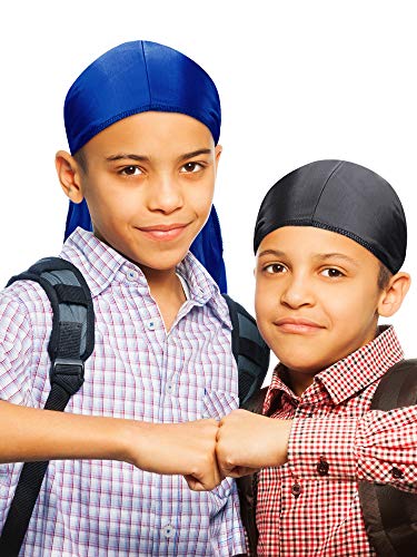 4 Pieces Kids Silky Durag with Wave Caps Set Unisex Baby Durags Long Tail and Wide Strap Headwraps Turban Beanies2