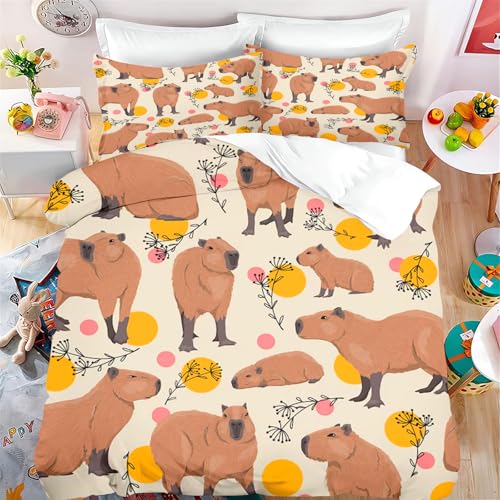 SHROUDEX Capybara Ropa de cama de 135 x 200 cm, divertida funda de edredón con diseño de animales de capibara, para niños, niñas, bonito capibara, juego de ropa de cama para niños y niñas (1,140 x 210