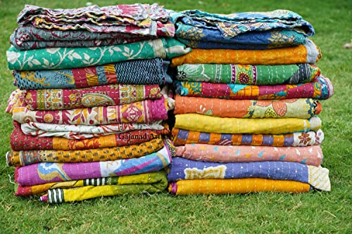 5 Piece Set Handmade Indian Vintage Kantha Quilts Reversible Bohemian Home Decor Blanket Bed Sheet Quilt for Sale – Assorted Color Twin Size 85X55 Inches