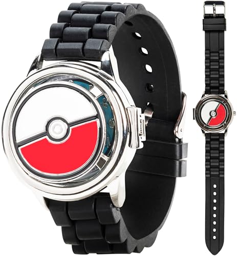 Pokémon Spinner Top Analog Watch for Kids – Features Iconic Poké Ball Spinner, Silver Metal Case, Comfortable Silicone Strap, and Pikachu Dial Art, Perfect for Pokémon Fans and Collectors
