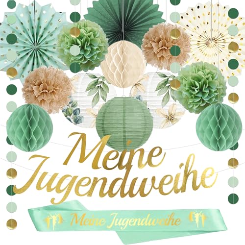 Jugendweihe Deko Junge & Mädchen Gastgeschenke Jugendweihe Grünes Gold Thema Banner Schultergurt pompons Papierlaternen Papierwabenball Jugendliche Schenken Personalisierte Geschenkideen-Syoulin