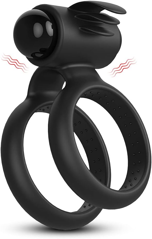 Sh! Vibrating Dual-Loop Silicone Ring with Massager Head | Cock Ring Vibrating Tickler | Male Erection Enhancing Rings | Black Silicone Double Loop Cock Ring 38mm & 33mm
