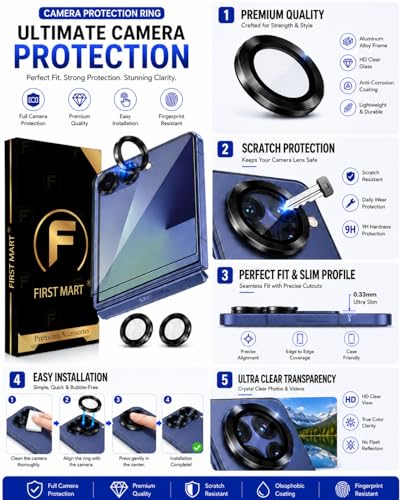 Image of FIRST MART Tempered Glass for Samsung Galaxy Z Flip 7 5G with Black Camera Ring Guard & Installation Kit | HD Clear Edge-to-Edge Screen Protector, Scratch Resistant, Case-Friendly | Pack of 1
