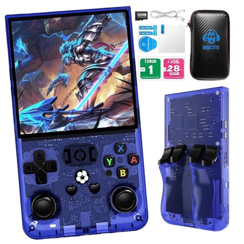 R36MAX Retro Handheld Game Console,Retro Gaming Console with 18000+ Games 128GB Card,4 Inch IPS Screen, Portable Video Gaming, Plug and Play Gameboy for Adults(Purple Blue)