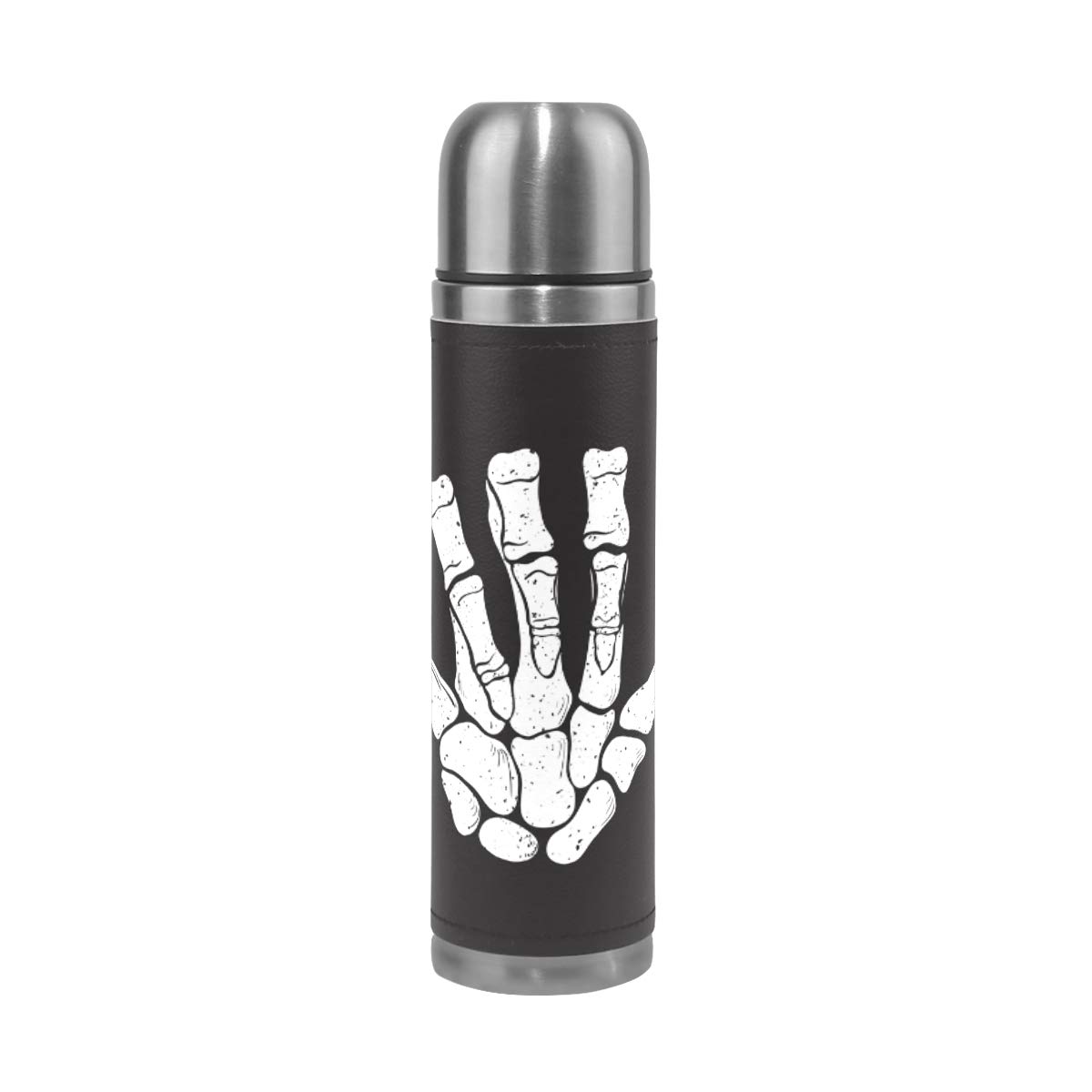 Mug de voyage isotherme en acier inoxydable à double paroi étanche Bouteille Shaka Main Squelette Imprimé Personnalisé Thermos en cuir véritable 500 ml